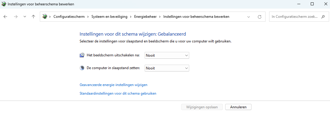 Set both power settings to Never