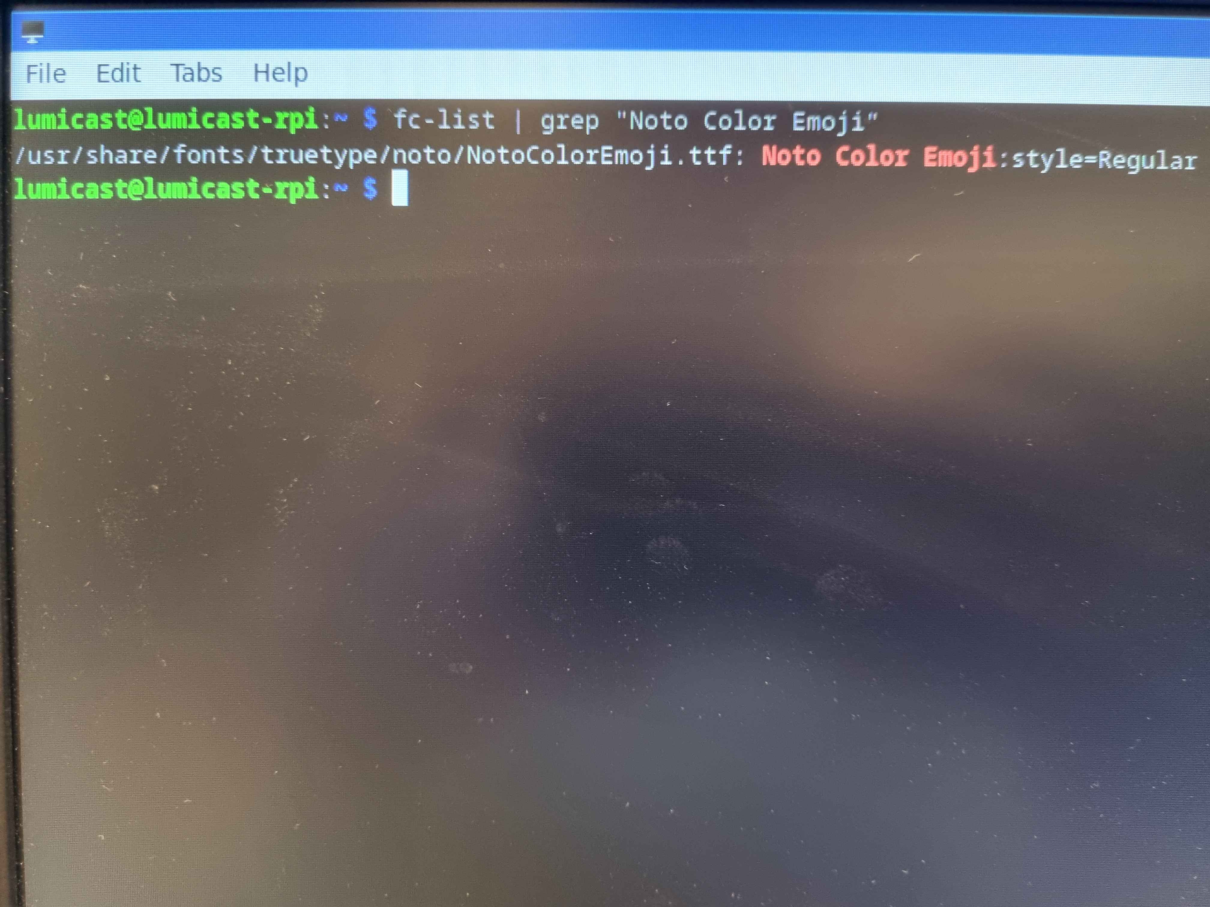 fc-list output showing Noto Color Emoji