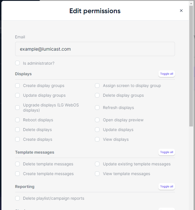 User permissions modal