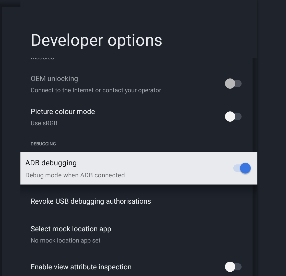 Developer options with ADB debugging turned on