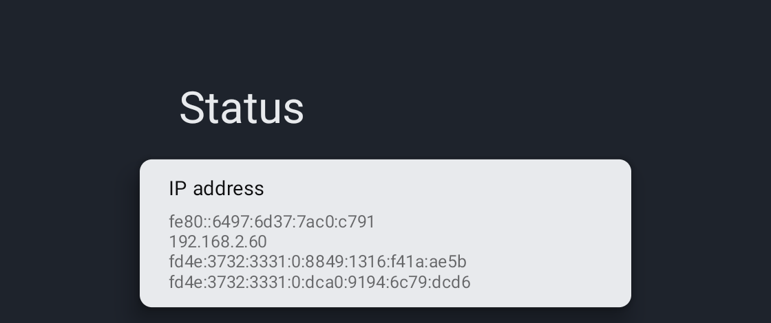 The Status screen showing the IP address
